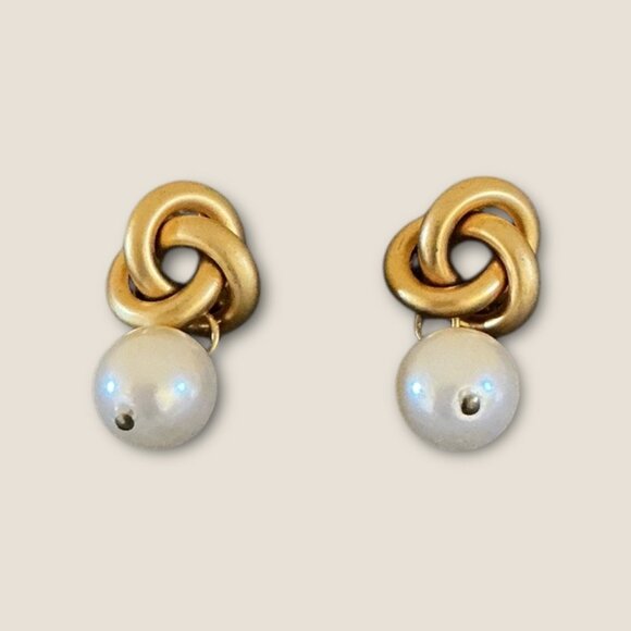 Vintage Love Knot Faux Pearl Dangle Earrings Brushed Gold Finish - Picture 2 of 5